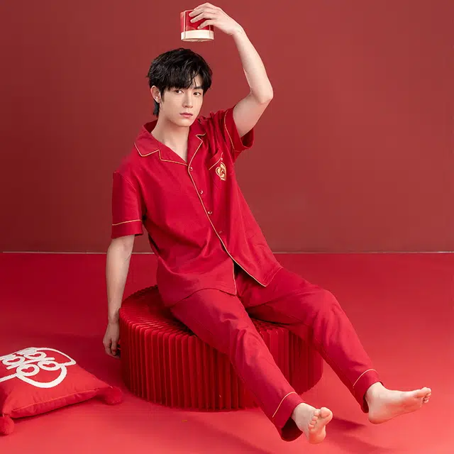 袋鼠 舒适柔软细腻透气亲肤微弹耐磨开衫翻领短袖长裤可居家可外穿睡衣套装 男款 红色
