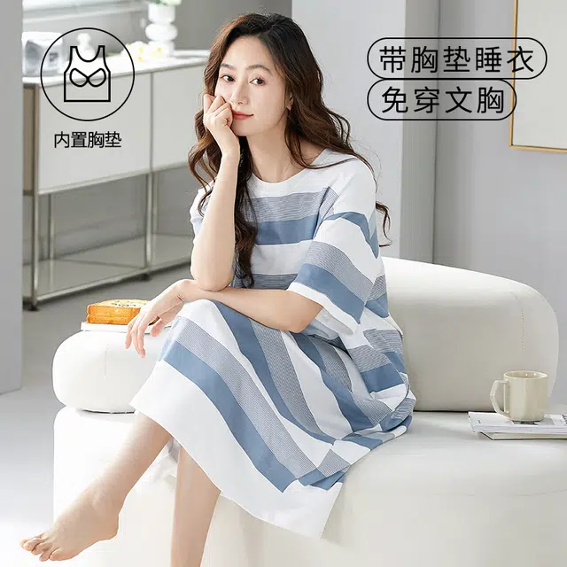 袋鼠 韩系条纹印花休闲居家舒适透气亲肤带胸垫可外穿短袖睡裙 女款 浅灰色