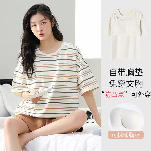 袋鼠 条纹小清新韩系简约时尚舒适透气轻薄亲肤短袖三分裤可外穿睡衣套装 女款 玫瑰金