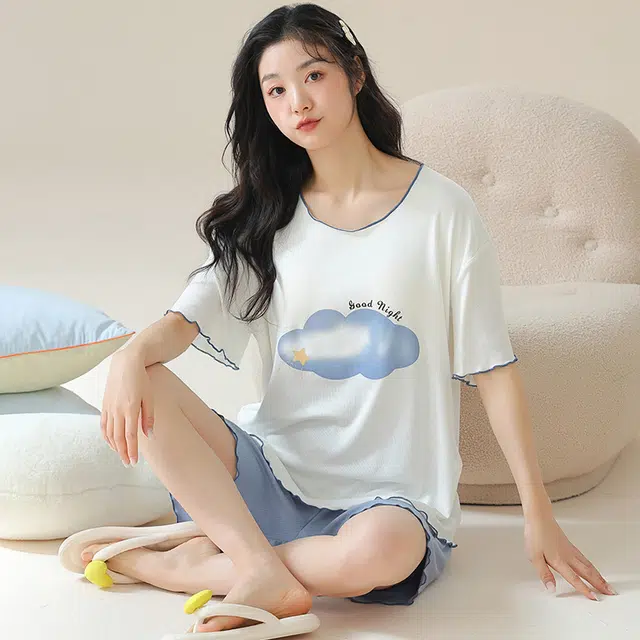 袋鼠 薄款带胸垫防凸点卡通云朵印花学生短袖五分短裤韩版休闲居家可外穿清新少女甜美睡衣套装 女款 白色