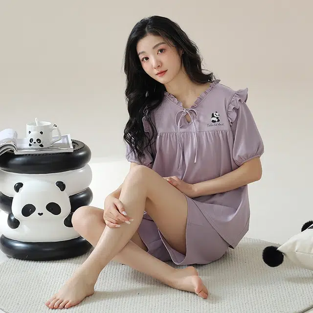 袋鼠 简约时尚经典亲肤微弹舒适透气轻薄居家休闲短袖三分裤可外穿睡衣套装 女款 紫罗兰