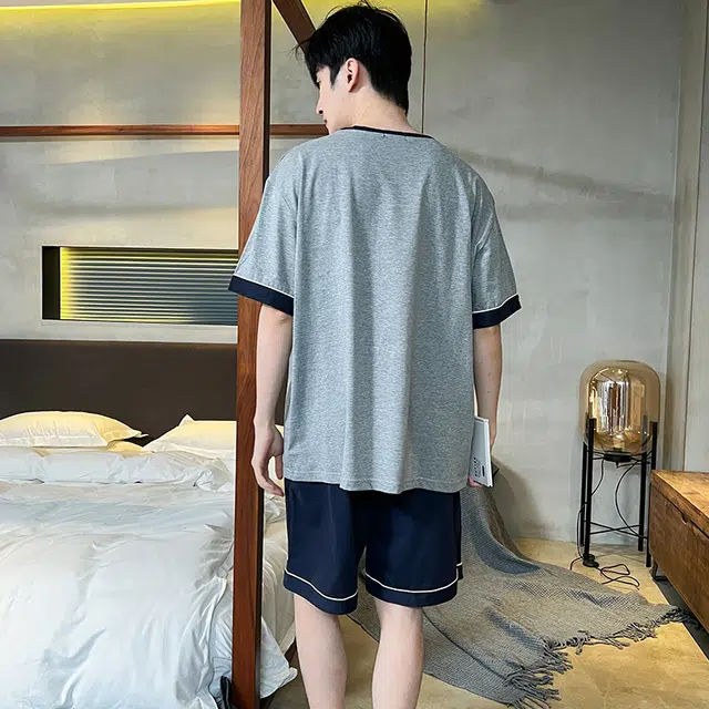 袋鼠 时尚纯色轻薄透气经典休闲居家可外穿睡衣套装 男款 浅花灰