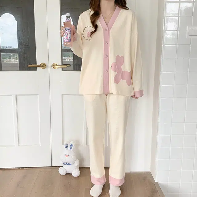 袋鼠 时尚舒适甜美简约亲肤休闲透气居家开衫长袖长裤可外穿睡衣套装 女款 白色