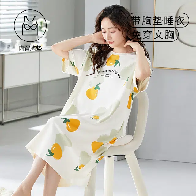 袋鼠 韩系印花满印休闲居家舒适透气亲肤短袖带胸垫可外穿睡裙 女款 象牙白
