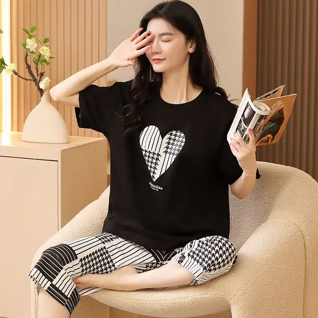 袋鼠 夏季时尚格仔可爱休闲甜美纯棉纯色短袖七分裤可外穿少女睡衣套装 女款