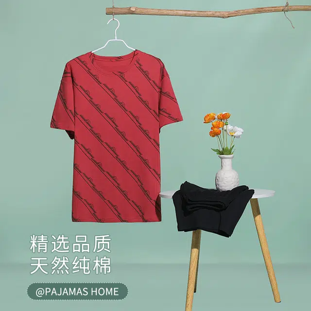 袋鼠 休闲舒适透气轻薄亲肤短袖三分裤可外穿男士睡衣套装 男款 西瓜红