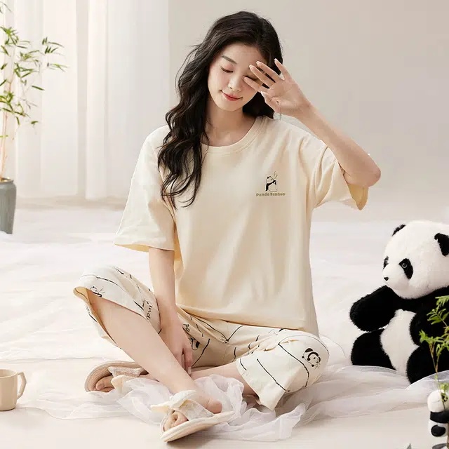 袋鼠 薄款舒适带胸垫防凸点短袖七分裤家居服韩版简约休闲可外穿睡衣套装 女款 杏色