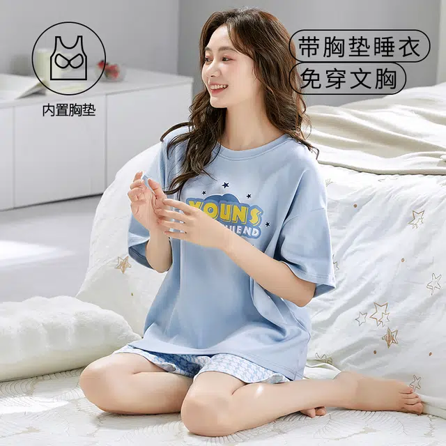 袋鼠 经典简约时尚印花宽松韩系舒适透气轻薄居家休闲短袖短裤带胸垫防凸点可外穿睡衣套装 女款 浅蓝色
