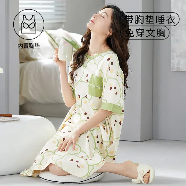 袋鼠 满印印花卡通休闲舒适透气亲肤短袖带胸垫可外穿睡裙 女款 象牙白