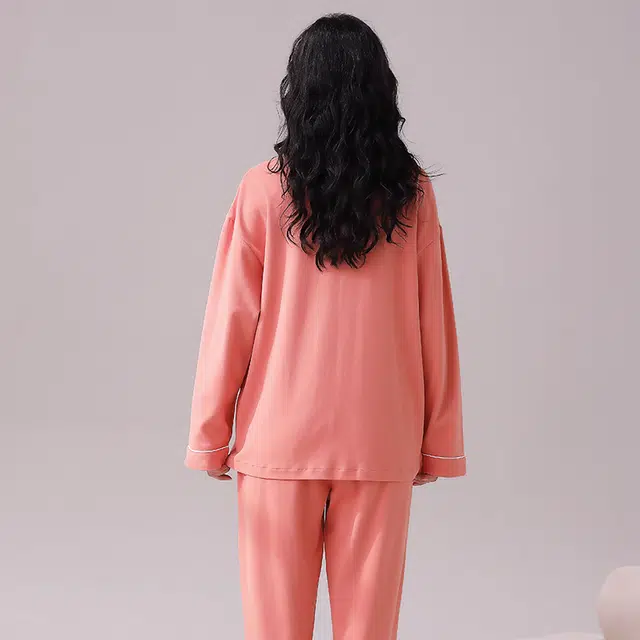 袋鼠 时尚清爽气质可爱温柔舒适简约轻薄休闲透气居家长袖开衫长裤可外穿睡衣套装 女款 西瓜红