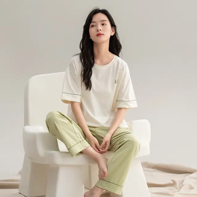 袋鼠 抗菌防螨透气清爽甜美超柔软舒适套头圆领短袖长裤家居服可外穿睡衣套装 女款 浅绿色