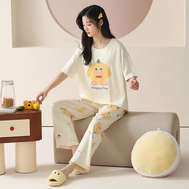 袋鼠 抗菌防螨透气小清新甜美舒适圆领套头短袖长裤家居服可外穿睡衣套装 女款 杏色