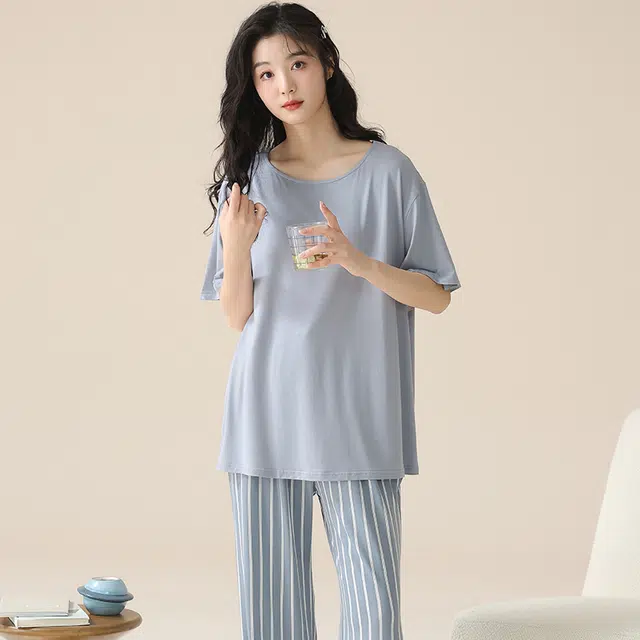 袋鼠 薄款休闲简约少女短袖条纹长裤时尚居家可外穿睡衣套装 女款