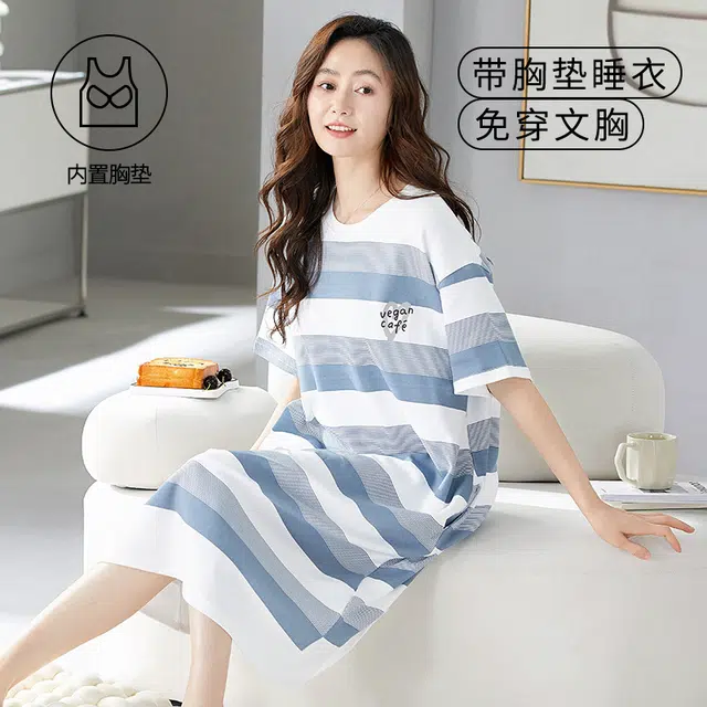 袋鼠 韩系条纹印花休闲居家舒适透气亲肤带胸垫可外穿短袖睡裙 女款 浅灰色