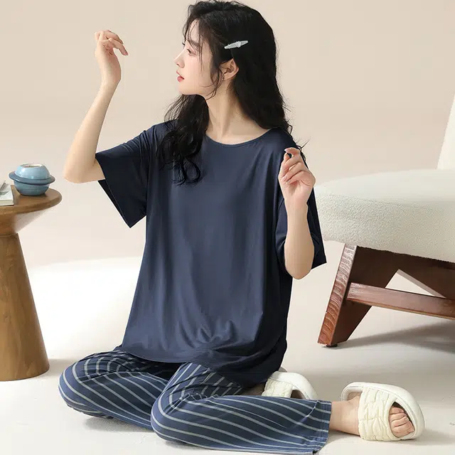 袋鼠 薄款简约短袖条纹长裤透气亲肤可外穿睡衣套装 男款 藏青色