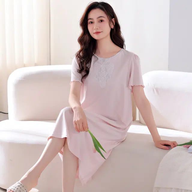 袋鼠 薄款舒适柔软亲肤透气微弹不易掉色可居家休闲可外穿短袖睡裙 女款 粉红色