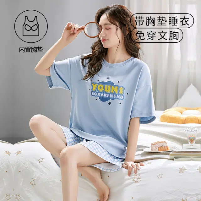 袋鼠 经典简约时尚印花宽松韩系舒适透气轻薄居家休闲短袖短裤带胸垫防凸点可外穿睡衣套装 女款 浅蓝色
