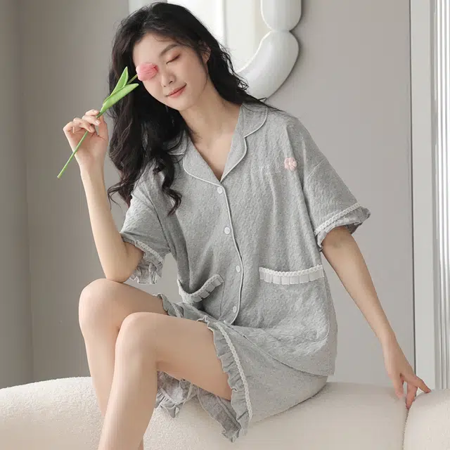 袋鼠 舒适柔软吸湿透气微弹亲肤短袖三分裤可外穿睡衣套装 女款 灰色