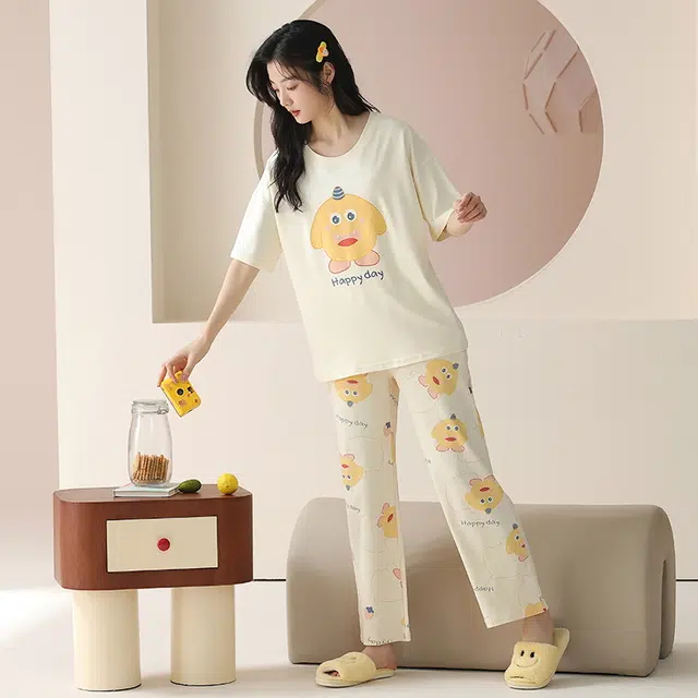 袋鼠 抗菌防螨透气小清新甜美舒适圆领套头短袖长裤家居服可外穿睡衣套装 女款 杏色