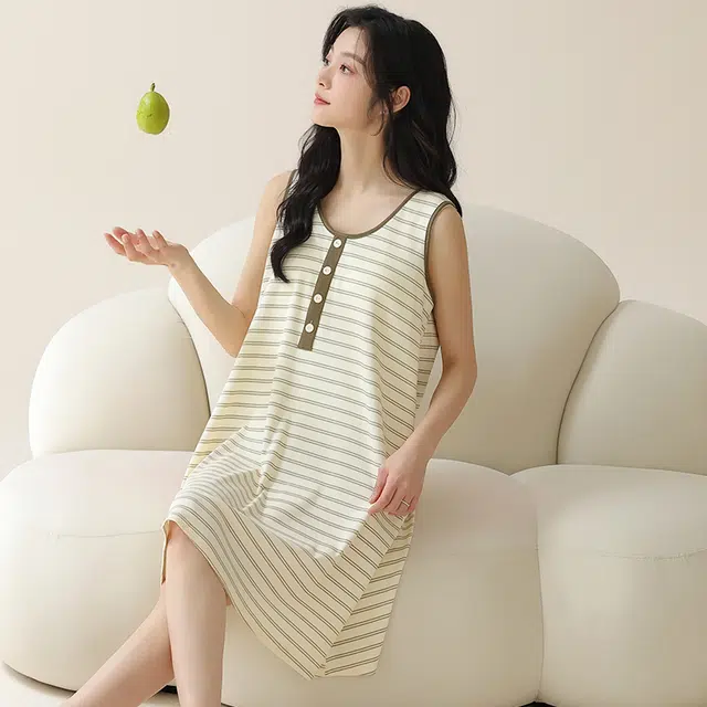 袋鼠 简约舒适透气条纹无袖睡裙 女款 杏色