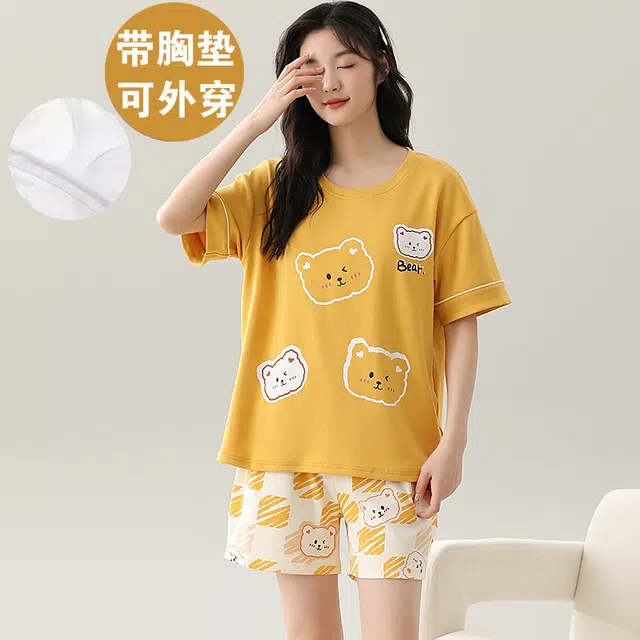 袋鼠 时尚卡通小清新短袖短裤亲肤轻薄透气可外穿少女睡衣套装 女款 土黄色