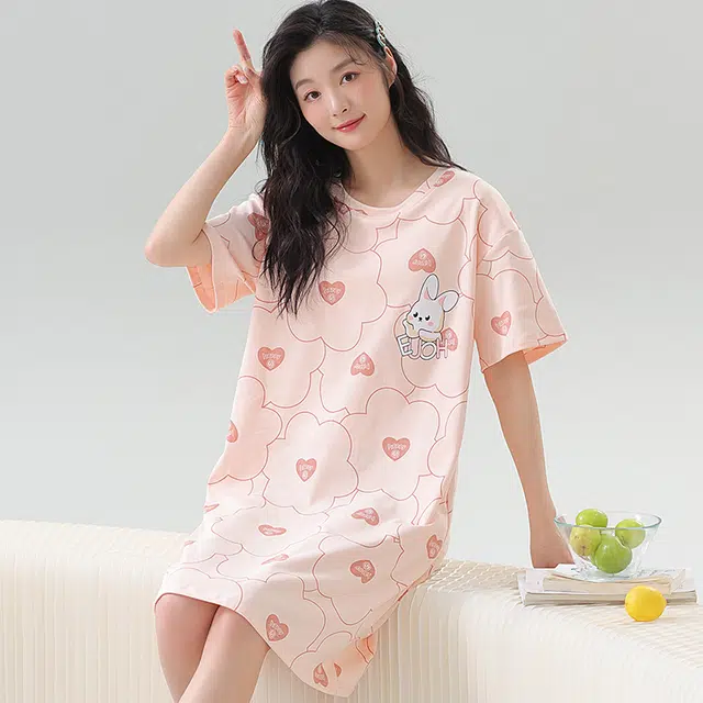 袋鼠 薄款时尚卡通兔满印短袖裙舒适透气亲肤可外穿夏季睡裙 女款 浅粉