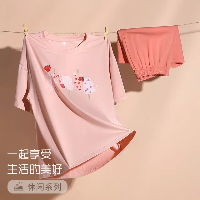 袋鼠 时尚纯色韩系印花薄款透气舒适短袖短裤可外穿睡衣套装 女款 粉红色