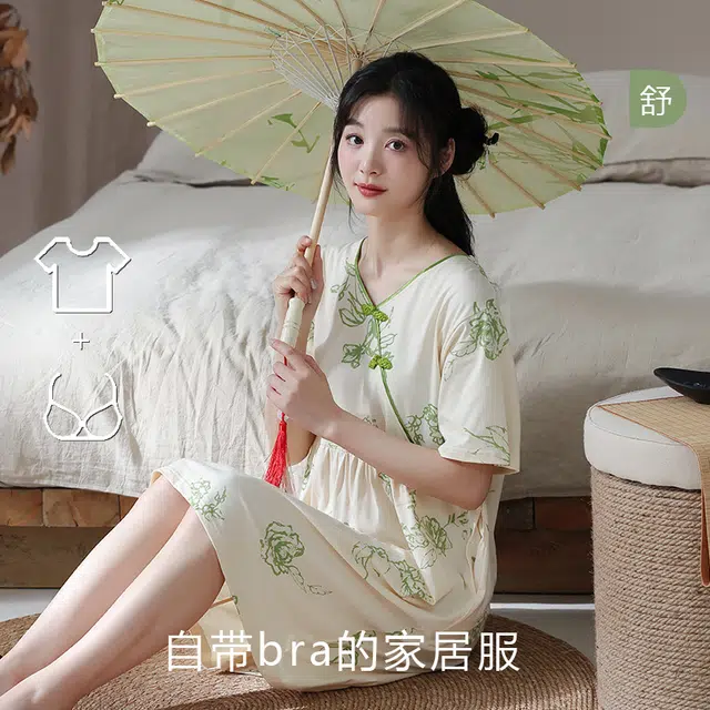 袋鼠 简约国风舒适亲肤微弹吸湿透气自带固定胸垫短袖裙休闲外穿睡裙 女款 杏色