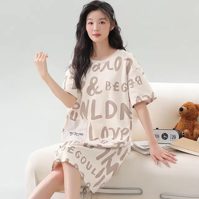 袋鼠 薄款时尚满印口袋短袖裙慵懒舒适透气亲肤可外穿夏季睡裙 女款 卡其色