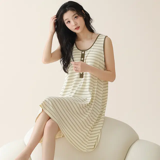 袋鼠 简约舒适透气条纹无袖睡裙 女款 杏色