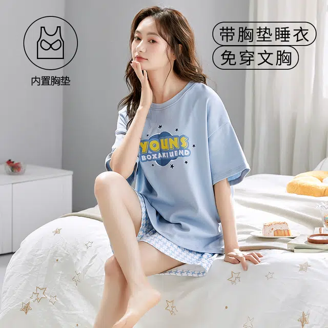 袋鼠 经典简约时尚印花宽松韩系舒适透气轻薄居家休闲短袖短裤带胸垫防凸点可外穿睡衣套装 女款 浅蓝色