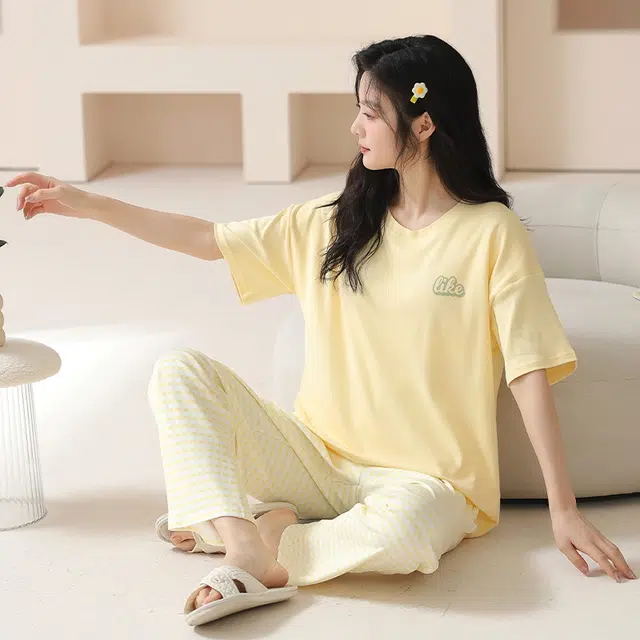 袋鼠 抗菌防螨小清新透气甜美柔软舒适圆领带胸垫防凸点短袖不勒腹长裤家居服可外穿睡衣套装 女款 黄色