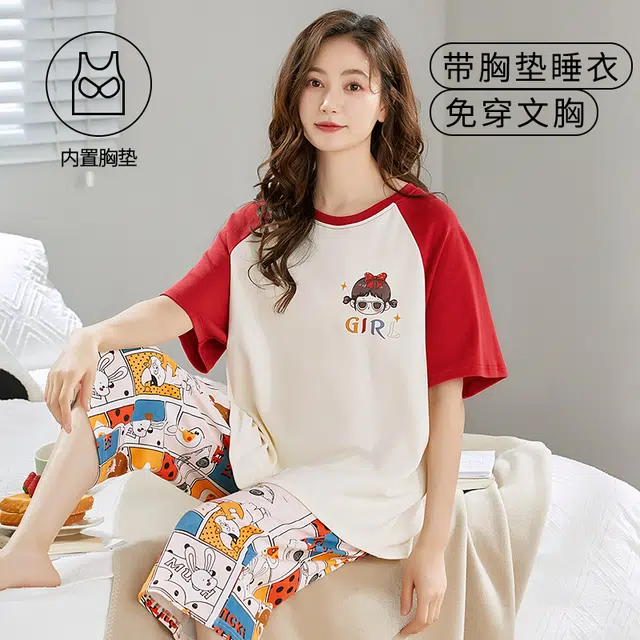 袋鼠 卡通纯色满印简约韩系清新舒适透气轻薄居家休闲短袖七分裤带胸垫防凸点可外穿少女睡衣套装 女款 花色