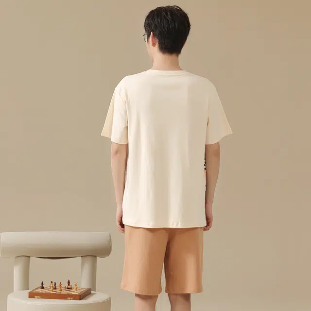 袋鼠 薄款舒适亲肤柔软透气短袖五分裤可外穿睡衣套装 男款 杏色