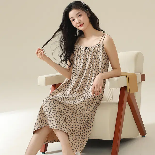 袋鼠 碎花满印舒适透气亲肤无袖睡裙 女款 卡其色