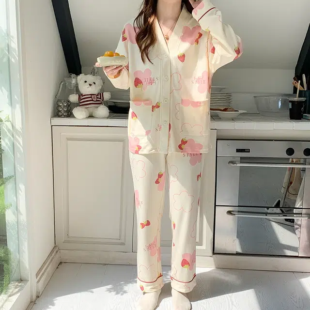 袋鼠 透气亲肤舒适长袖长裤时尚套头圆领家居服可外穿睡衣套装 女款 米白色