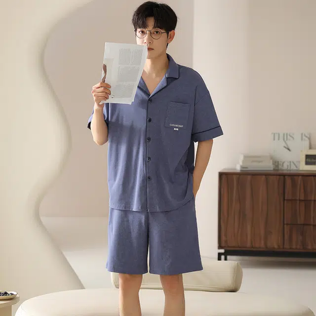 袋鼠 薄款口袋上衣素色经典开衫舒适亲肤透气可外穿短袖松紧腰短裤睡衣套装 男款 灰蓝