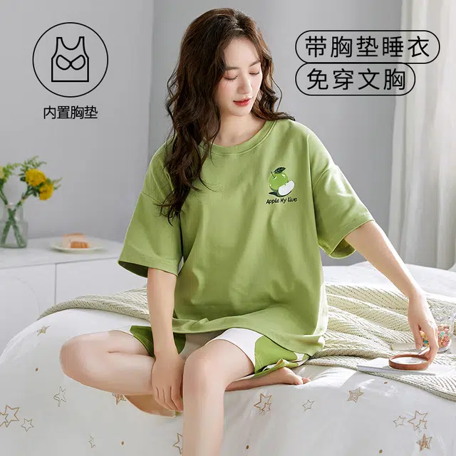 袋鼠 经典简约时尚印花宽松韩系舒适透气轻薄居家休闲短袖短裤带胸垫防凸点可外穿睡衣套装 女款 黄绿色