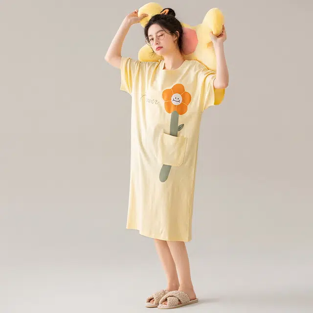 袋鼠 休闲甜美透气舒适亲肤吸湿排汗圆领套头居家可外穿短袖开衫睡裙 女款 黄色