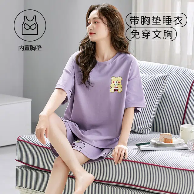 袋鼠 简约经典时尚纯色宽松舒适透气轻薄休闲短袖带胸垫防凸点睡衣套装 女款 薰衣草淡紫