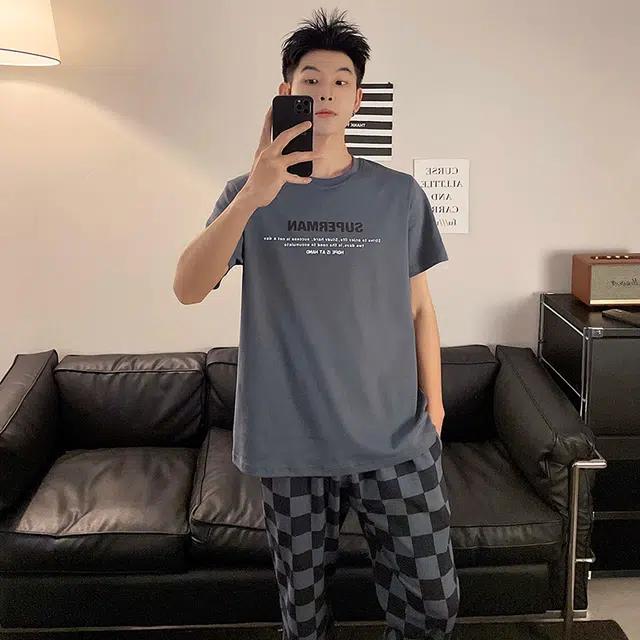 袋鼠 纯色休闲经典时尚简约舒适透气亲肤轻薄短袖长裤可外穿男士睡衣套装 男款 铅色