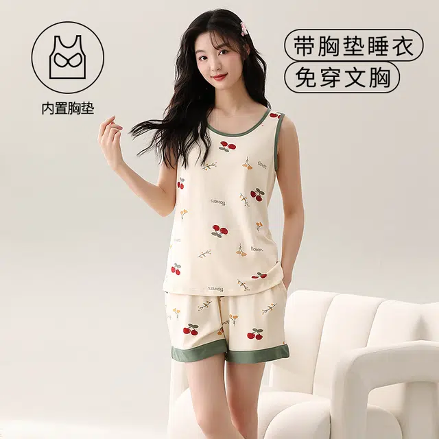 袋鼠 纯色印花时尚卡通满印休闲轻薄舒适背心带胸垫睡衣套装 女款 象牙白