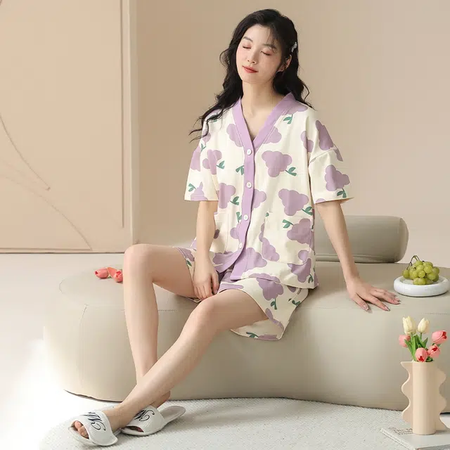 袋鼠 抗菌防螨时尚清爽轻薄亲肤青春活力舒适透气休闲短袖三分裤居家可外穿睡衣套装 女款 图色