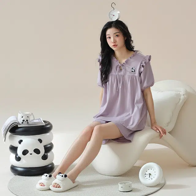 袋鼠 简约时尚经典亲肤微弹舒适透气轻薄居家休闲短袖三分裤可外穿睡衣套装 女款 紫罗兰