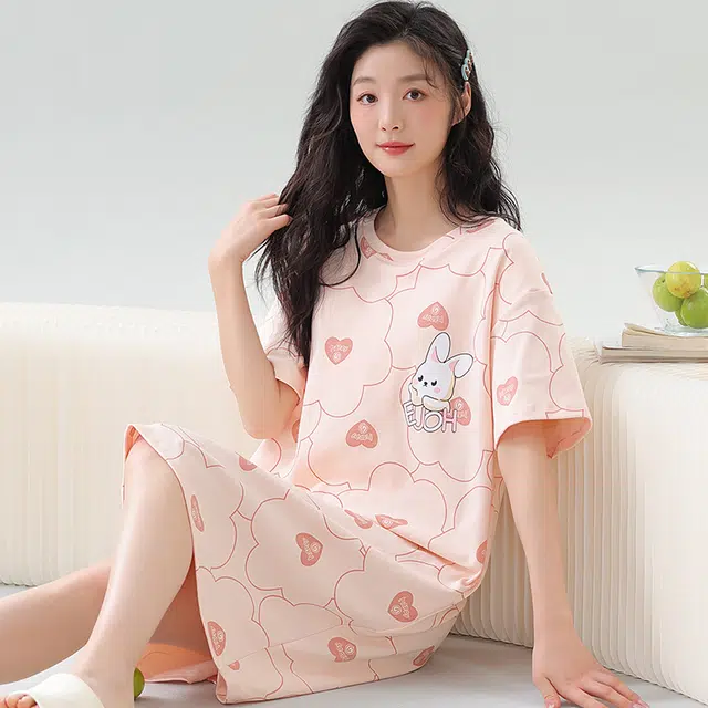 袋鼠 薄款时尚卡通兔满印短袖裙舒适透气亲肤可外穿夏季睡裙 女款 浅粉