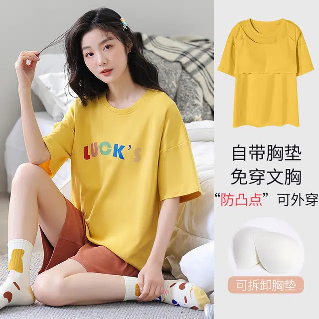 袋鼠 印花纯色小清新韩系简约时尚舒适透气轻薄亲肤短袖三分裤可外穿睡衣套装 女款 金色