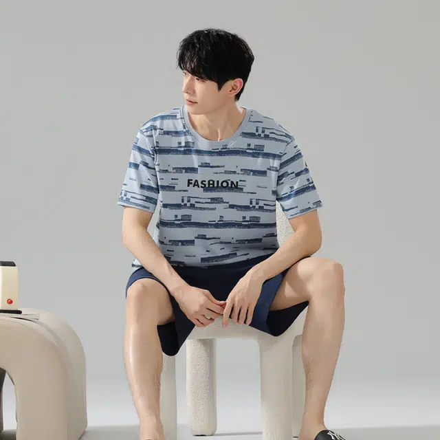 袋鼠 字母印花纯棉舒适透气轻薄短袖睡衣套装 男款 浅蓝色
