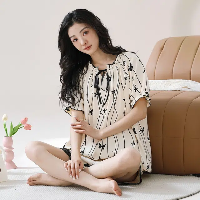 袋鼠 休闲经典简约时尚透气亲肤微弹舒适居家短袖三分裤可外穿睡衣套装 女款 白色
