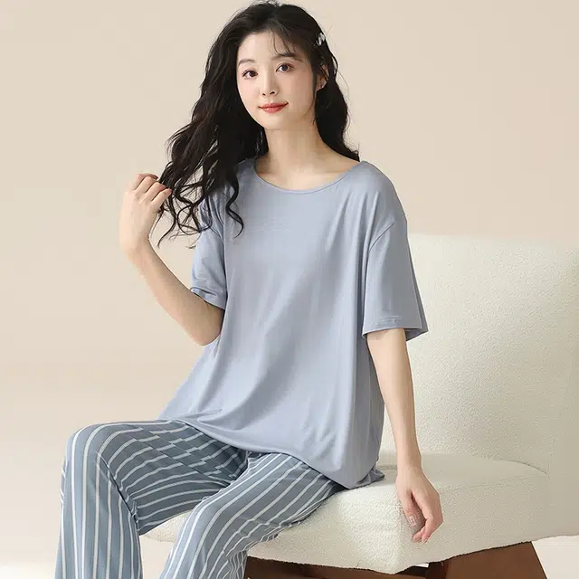 袋鼠 薄款休闲简约少女短袖条纹长裤时尚居家可外穿睡衣套装 女款