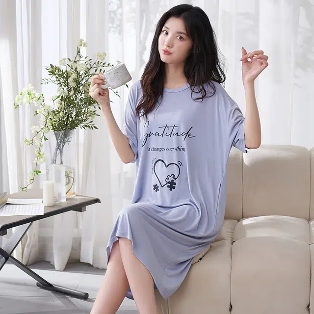 袋鼠 休闲温柔轻薄透气柔软舒适亲肤微弹少女带图案带口袋可居家直筒短袖中长款可外穿睡裙 女款 紫罗兰